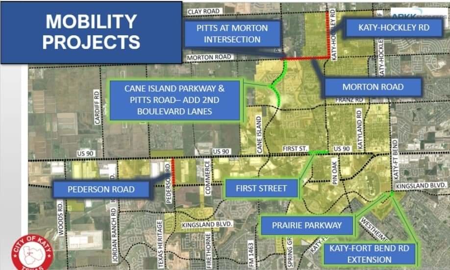 A map showing location of road projects intended to improve transportation in Katy.